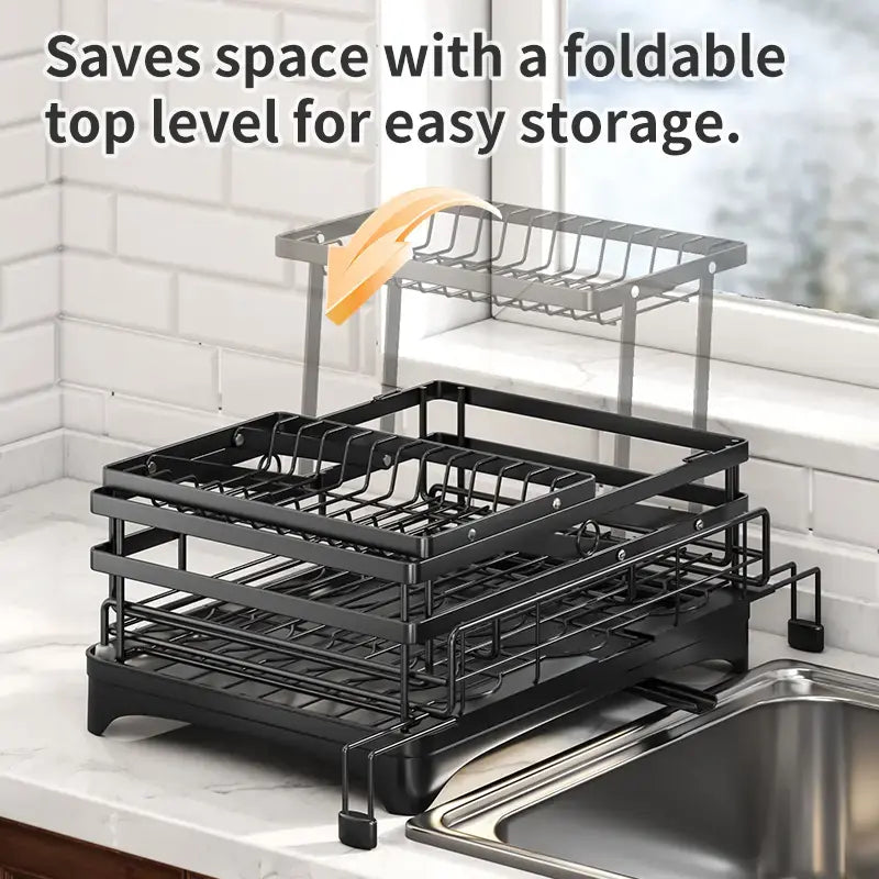 Foldable 2-Tier Dish Drying Rack - Expandable Over-Sink Dish Drainer for Small Kitchens
