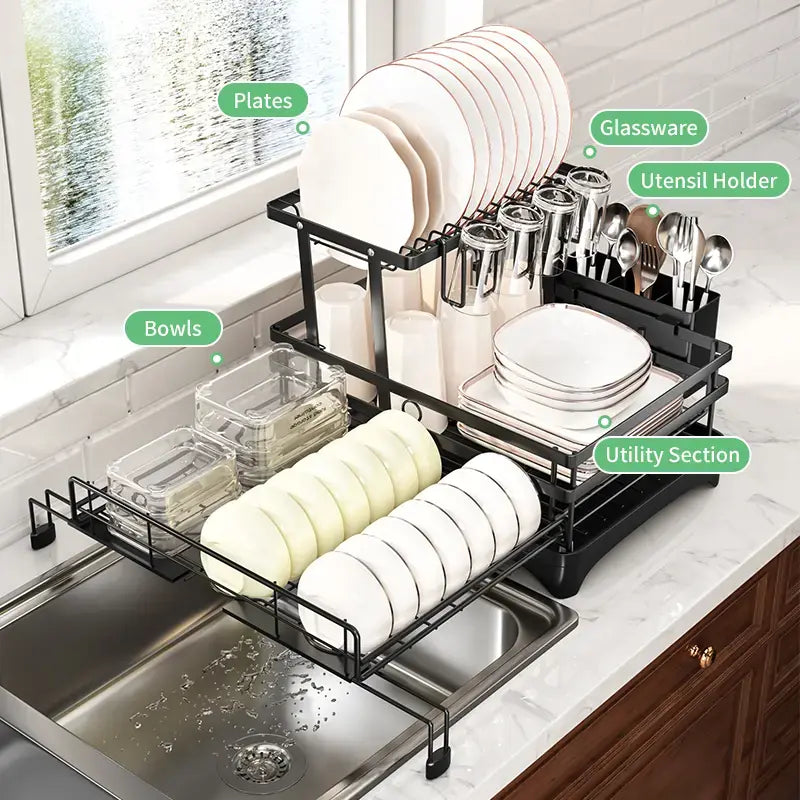 Foldable 2-Tier Dish Drying Rack - Expandable Over-Sink Dish Drainer for Small Kitchens