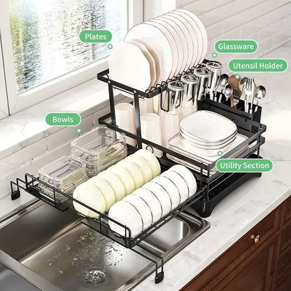 Foldable 2-Tier Dish Drying Rack - Expandable Over-Sink Dish Drainer for Small Kitchens