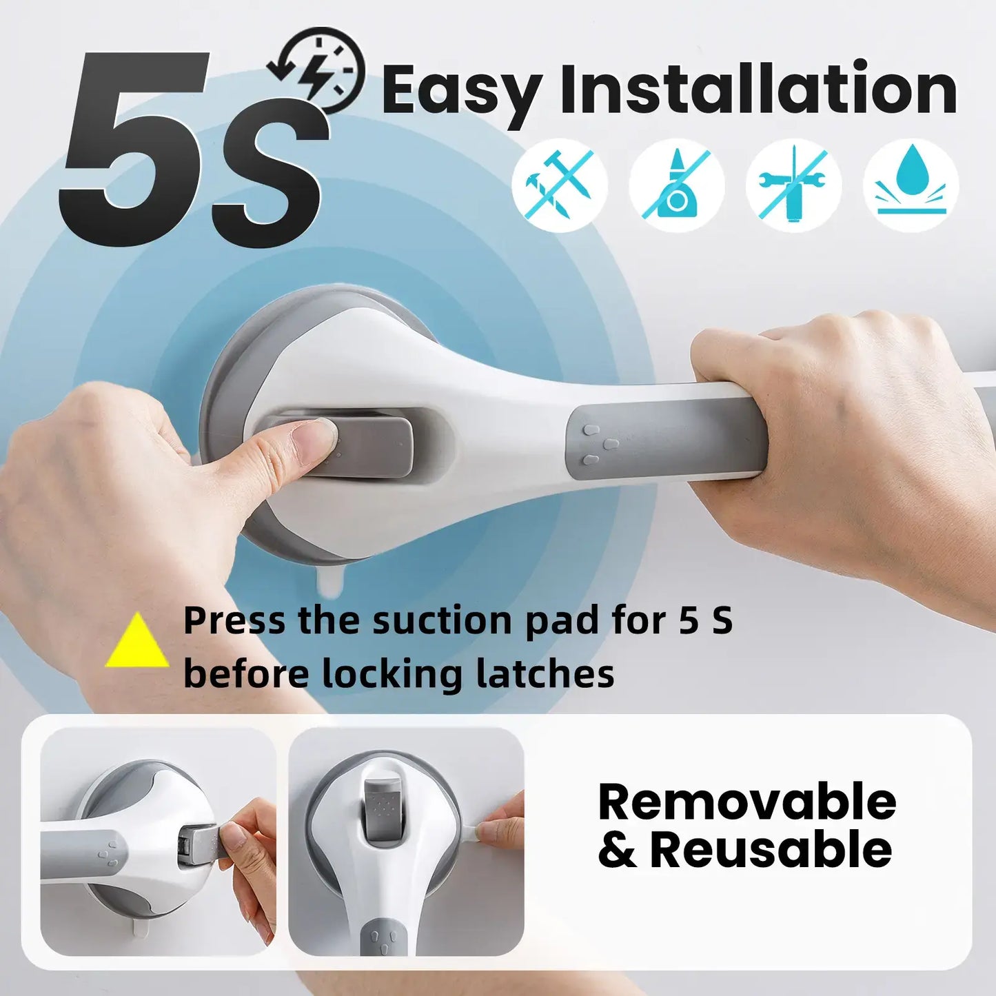 16-Inch Suction Cup Shower Grab Bar - Heavy-Duty Bathroom Safety Handle for Seniors